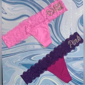 2 Victoria’s Secret PINK Thong Panties PINK lace panties bundle pink bling